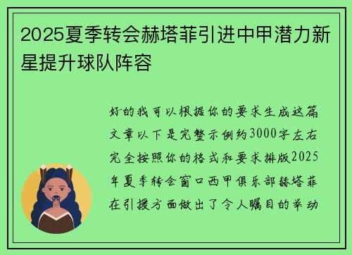 2025夏季转会赫塔菲引进中甲潜力新星提升球队阵容